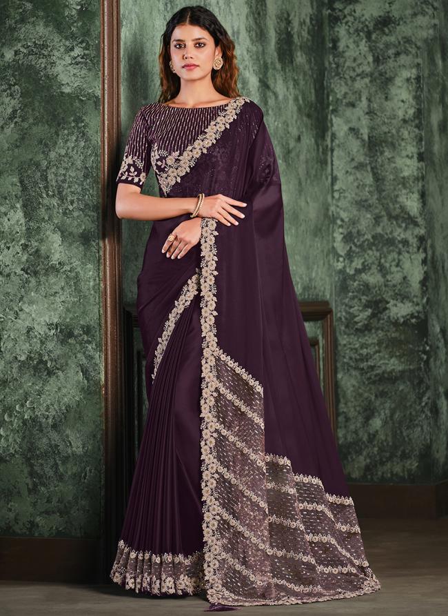 Silk Georgette Deep Purple Party Wear Embroidery Work Saree